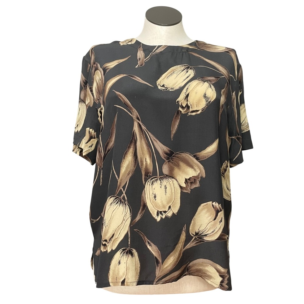 Vintage 90s Floral Blouse Tulips Gray Women Plus Size Short Sleeve Top Unique